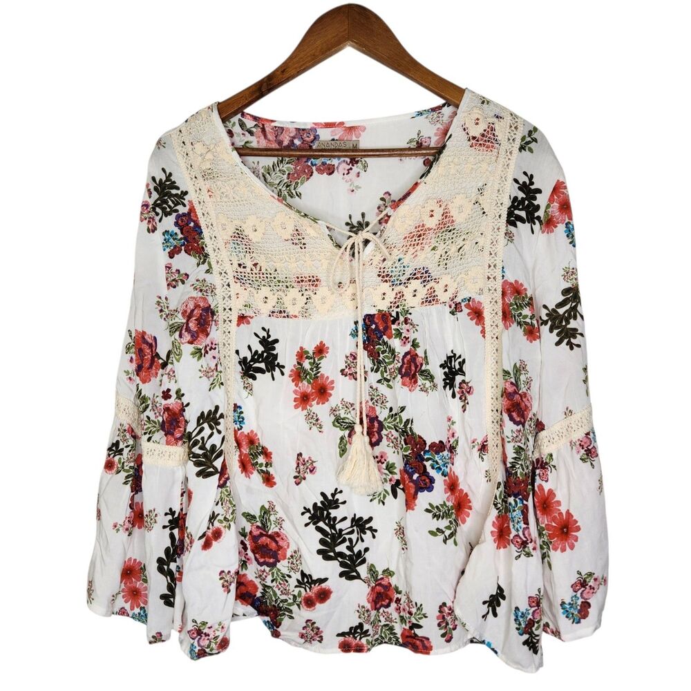 Anandas Collection Floral Boho Crochet Bell Sleeve Peasant Festival Hippie sz M